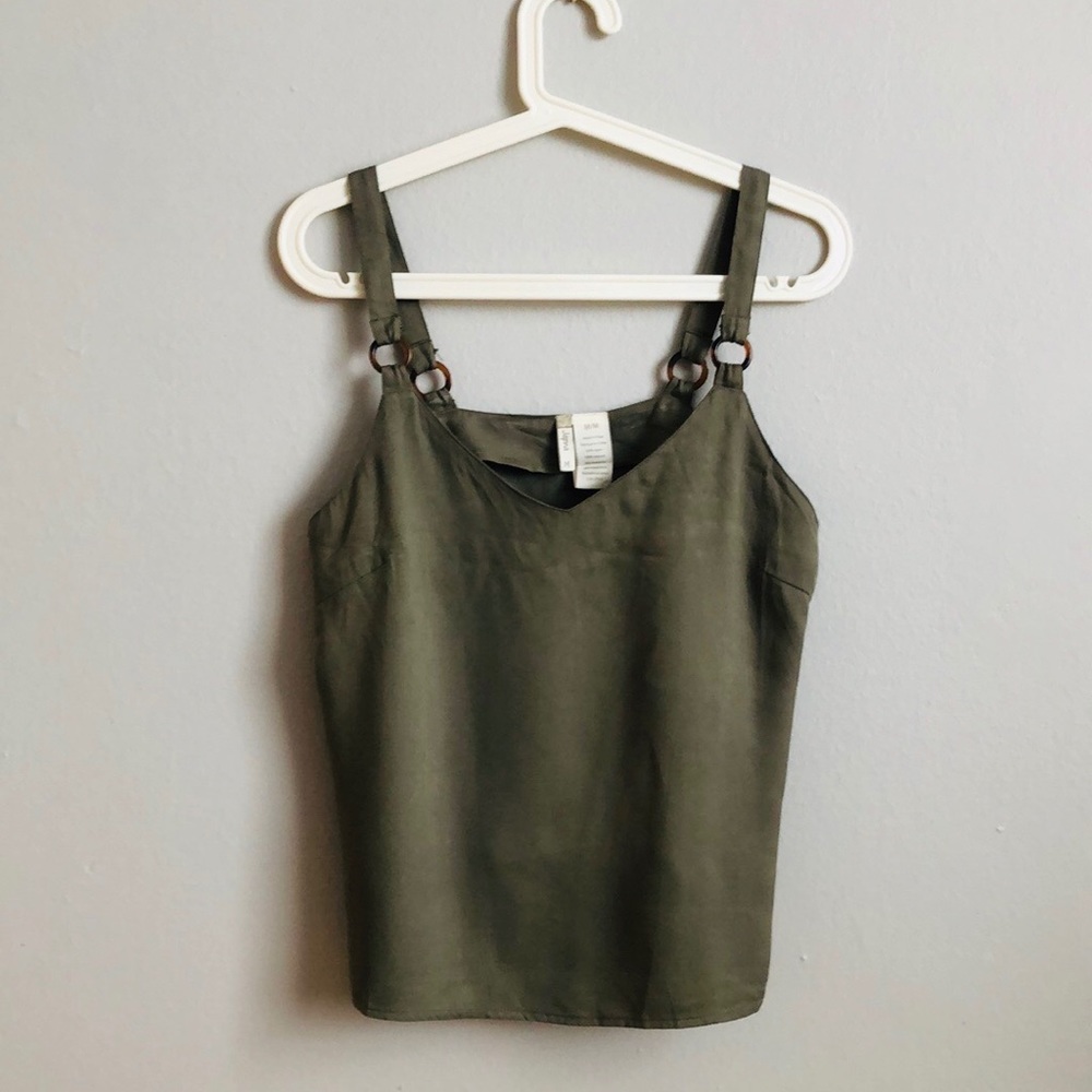 Linen Like Khaki V Neck Top With Straps